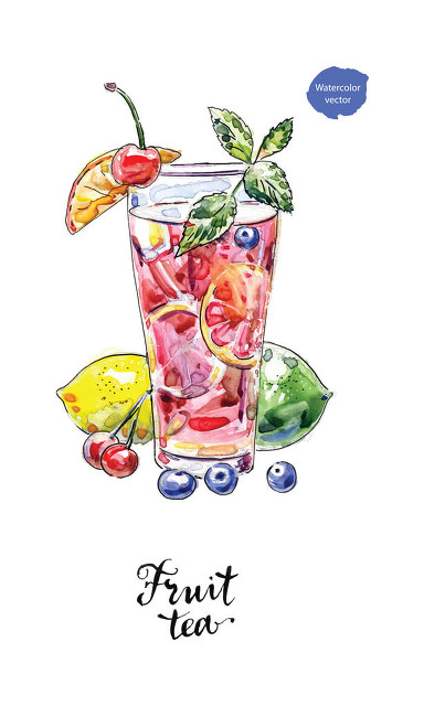 不同水果和薄荷的水彩玻璃水果茶watercolor glass fruit tea with